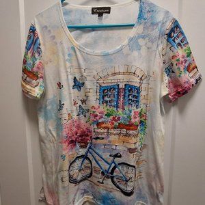CREATION Women's White Graphic Rhinestone Bling Bicycle T-Shirt - Large